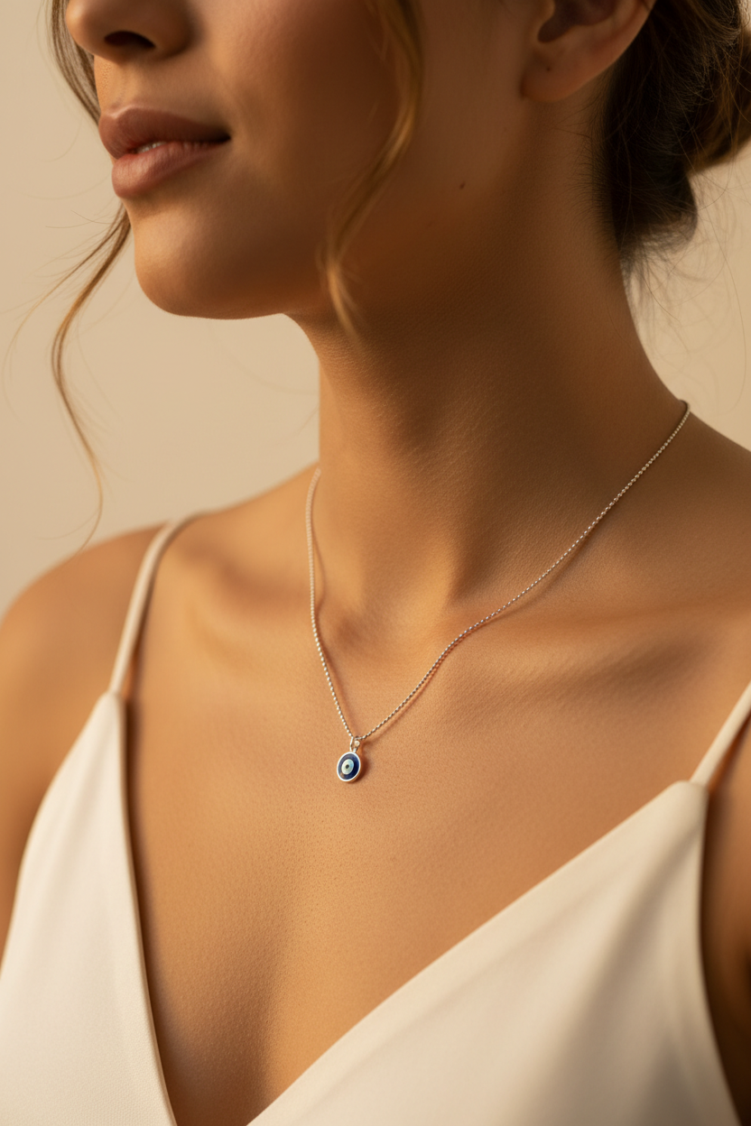 Mujer con Collar Turca Protector Plata 950 ojo turco azul