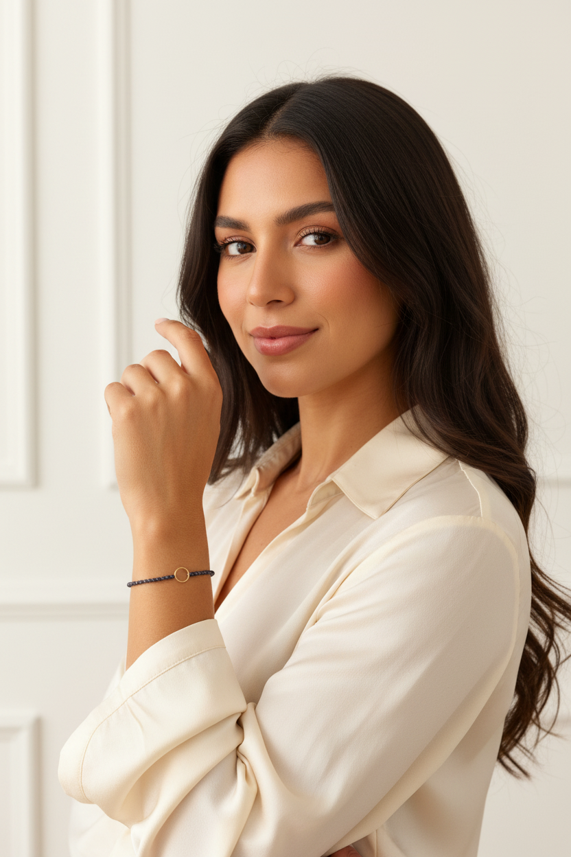 Mujer posando con Pulsera Karma Zafiro Goldfilled